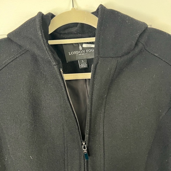London Fog Wool Blend Hooded Coat Jacket Women’s L Black Zip Front Winter - Picture 6 of 10